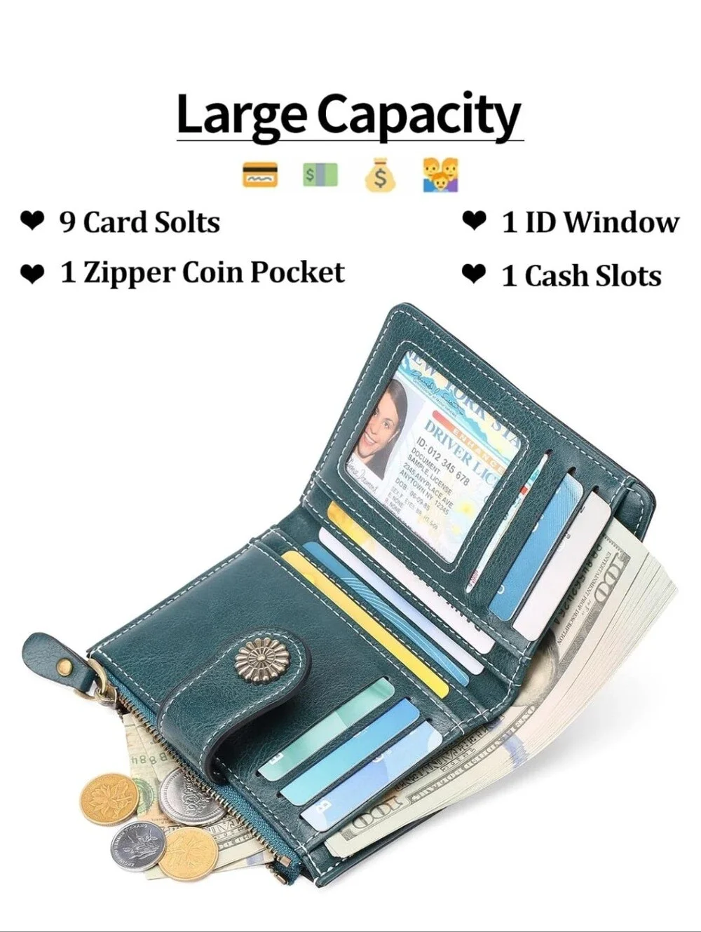 Teal Faux Leather Bifold Slim Snap Wallet